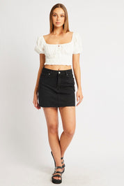 White Crop Top Short Sleeve Shirred Waist - Àlainn Fashion