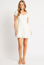 White Fit And Flare Dress Short Sleeve Eyelet Fabric - Àlainn Fashion