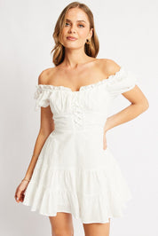 White Fit And Flare Dress Short Sleeve Eyelet Fabric - Àlainn Fashion