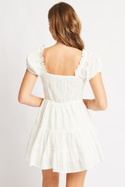 White Fit And Flare Dress Short Sleeve Eyelet Fabric - Àlainn Fashion