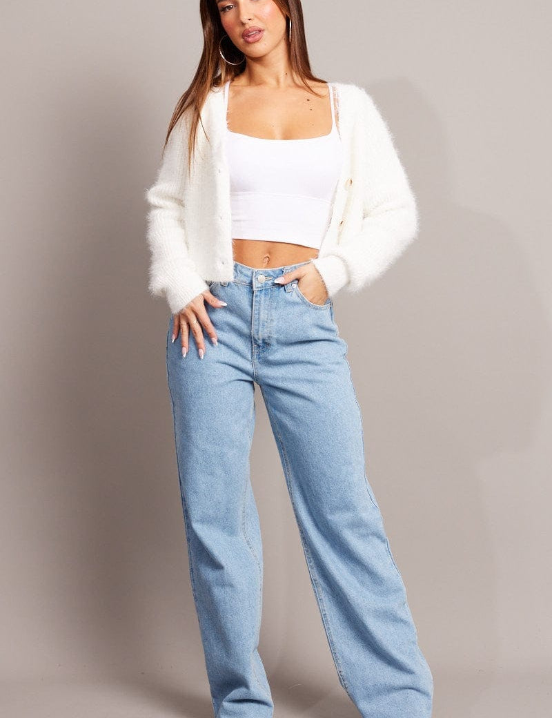 White Fluffy Knit Cardigan Long Sleeve V Neck - Àlainn Fashion