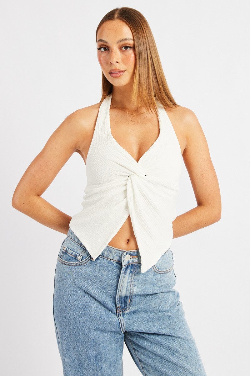 White Halter Neck Top Textured - Àlainn Fashion