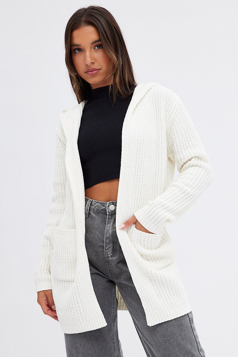 White Knit Cardigan Hooded Chenille - Àlainn Fashion