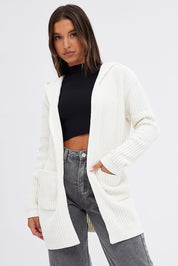 White Knit Cardigan Hooded Chenille - Àlainn Fashion