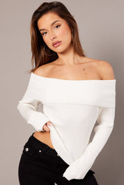 White Knit Top Long Sleeve Off Shoulder - Àlainn Fashion