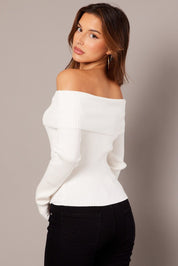 White Knit Top Long Sleeve Off Shoulder - Àlainn Fashion