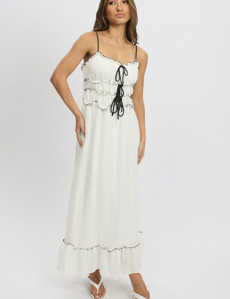 White Midi Dress Contrast Tie - Àlainn Fashion