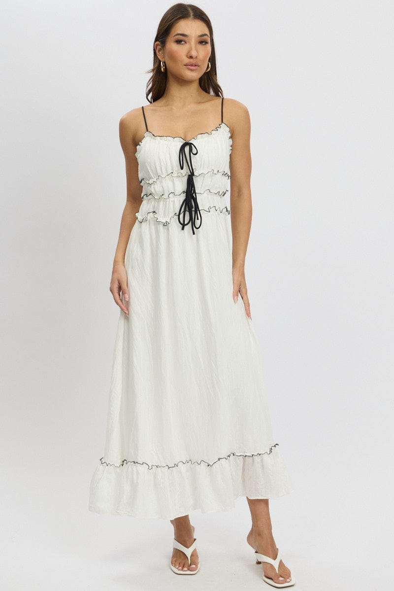 White Midi Dress Contrast Tie - Àlainn Fashion