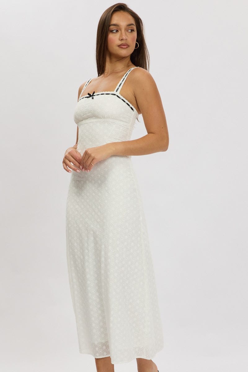 White Midi Dress Lace trim SleevelessEyelet Fabric - Àlainn Fashion