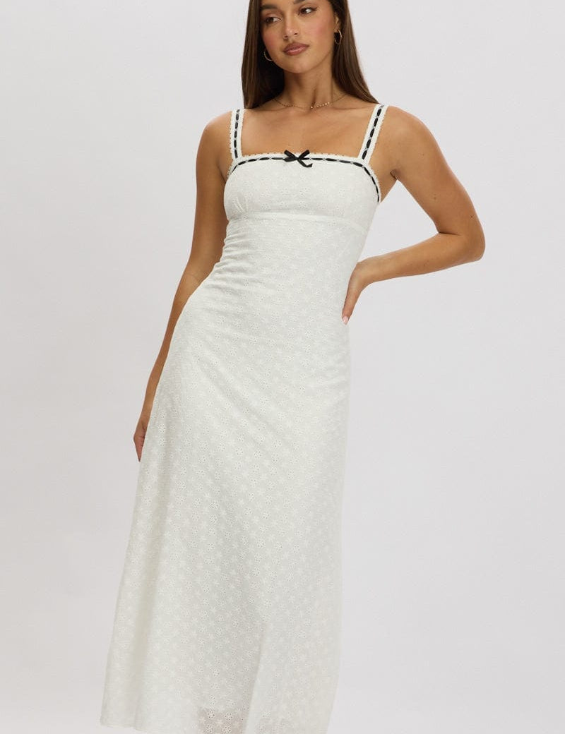 White Midi Dress Lace trim SleevelessEyelet Fabric - Àlainn Fashion