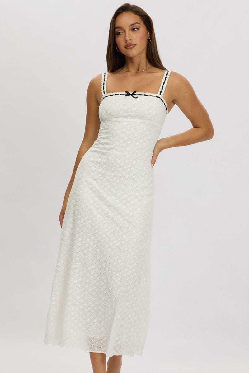 White Midi Dress Lace trim SleevelessEyelet Fabric - Àlainn Fashion