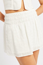 White Mini Skirt High Rise Shirred Waist Eyelet Lined - Àlainn Fashion