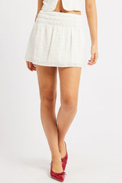 White Mini Skirt High Rise Shirred Waist Eyelet Lined - Àlainn Fashion