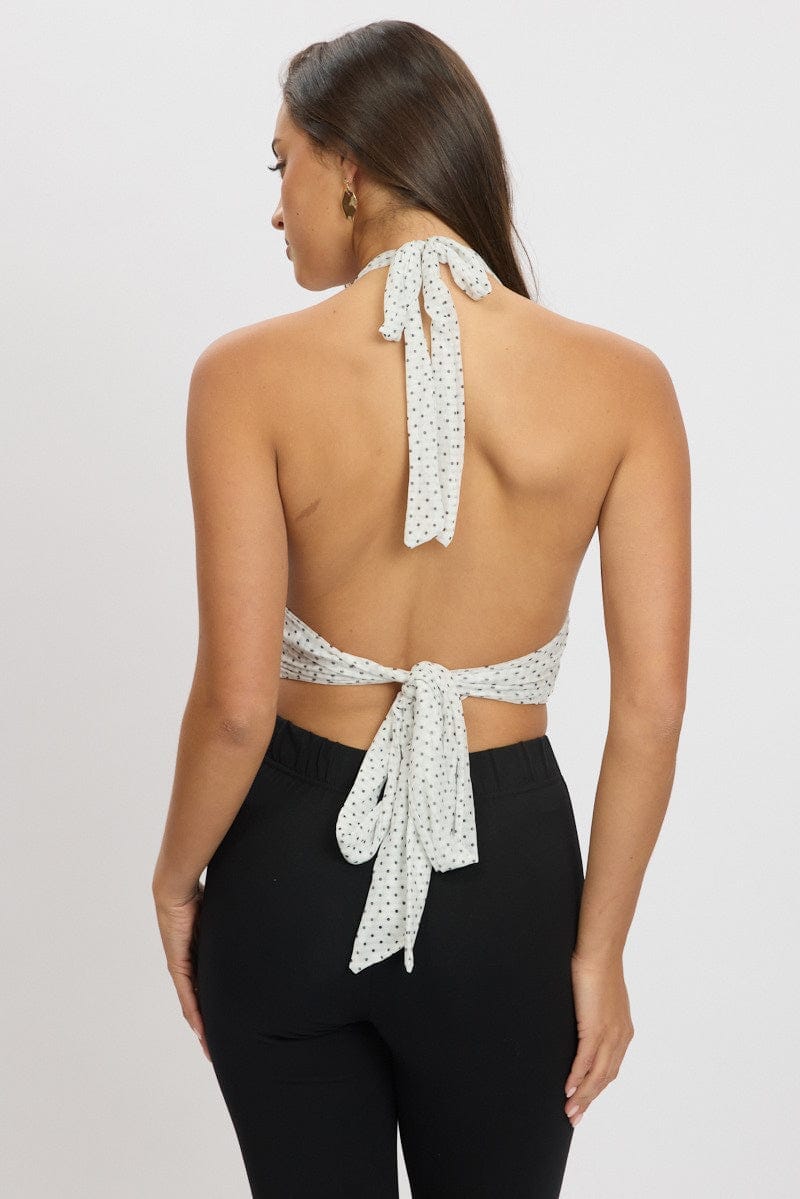 White Polka Dot Halter Neck Top Tie Back Mesh - Àlainn Fashion