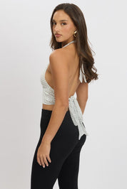 White Polka Dot Halter Neck Top Tie Back Mesh - Àlainn Fashion