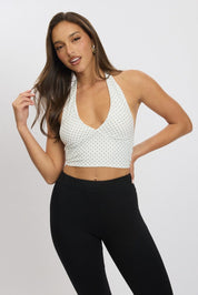 White Polka Dot Halter Neck Top Tie Back Mesh - Àlainn Fashion