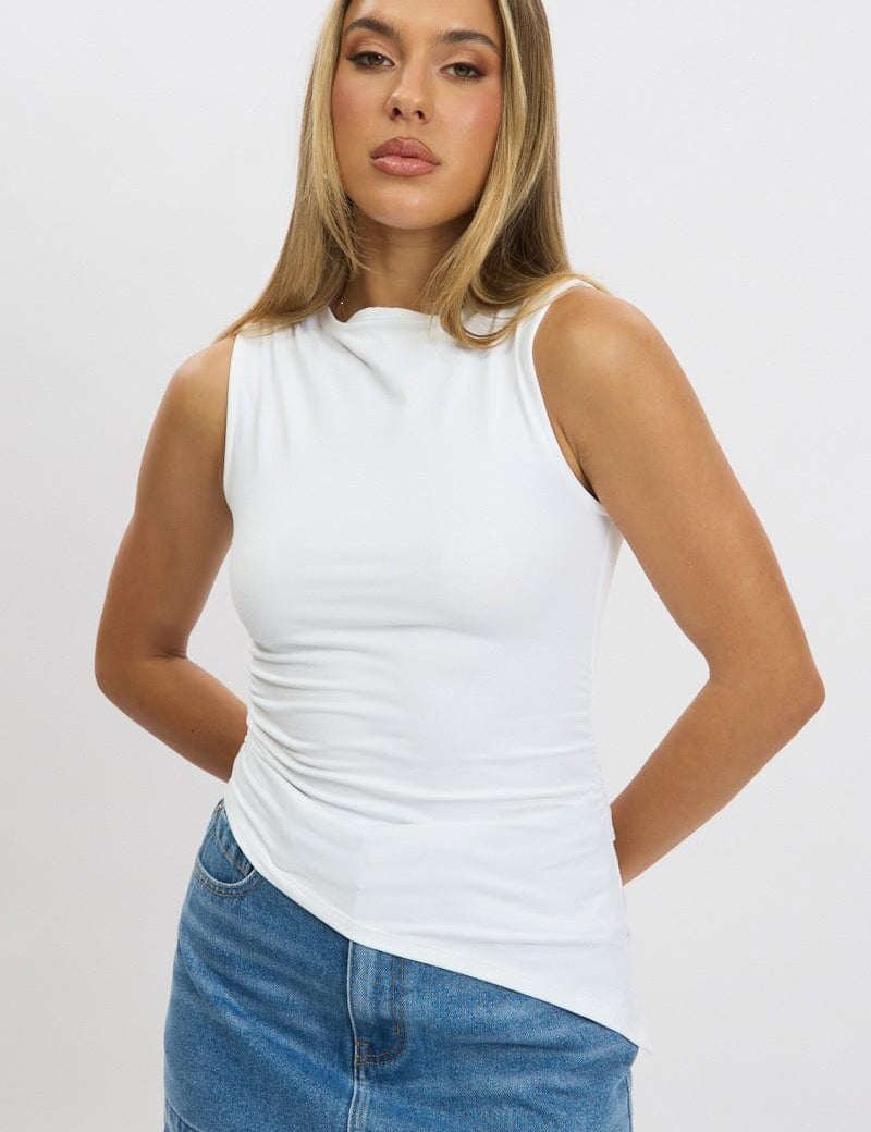 White Sleeveless Top Asymmetric Hem - Àlainn Fashion