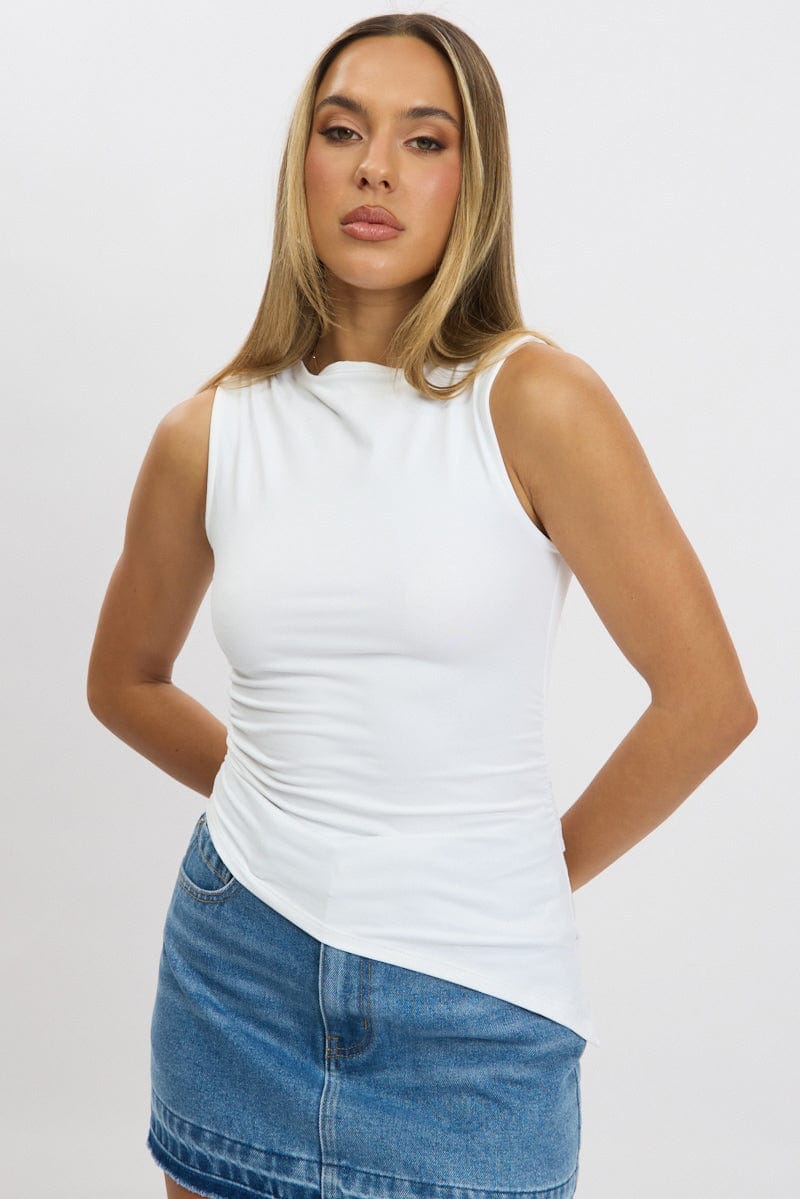 White Sleeveless Top Asymmetric Hem - Àlainn Fashion