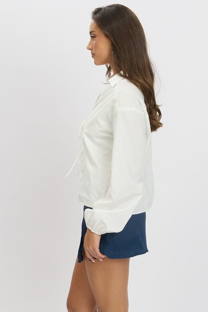 White Tie Up Front Top Long Sleeve - Àlainn Fashion