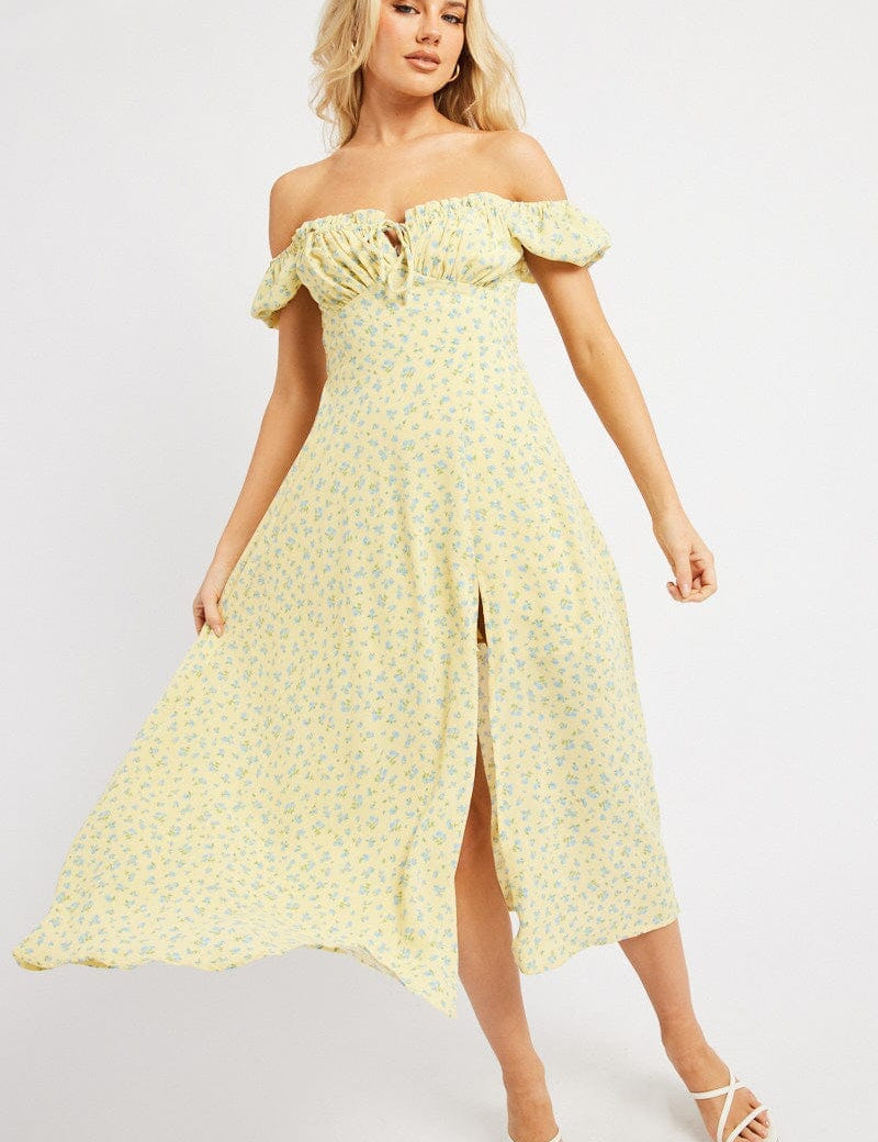 Yellow Ditsy Midi Dress Puff Sleeve - Àlainn Fashion