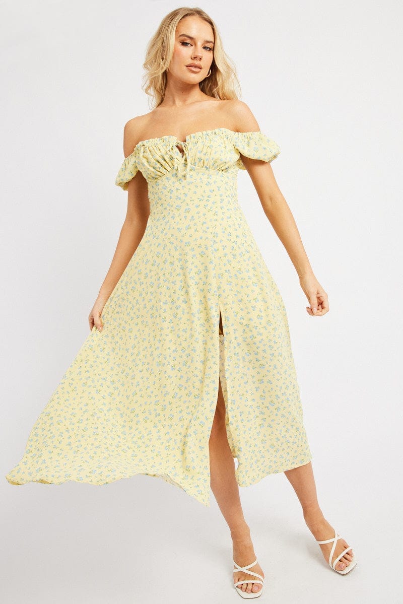 Yellow Ditsy Midi Dress Puff Sleeve - Àlainn Fashion