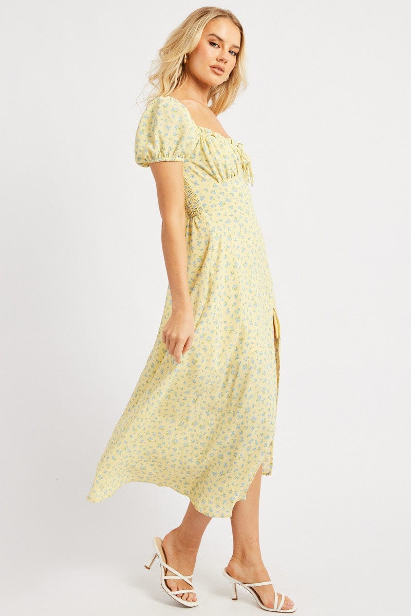 Yellow Ditsy Midi Dress Puff Sleeve - Àlainn Fashion