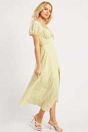 Yellow Ditsy Midi Dress Puff Sleeve - Àlainn Fashion