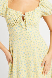 Yellow Ditsy Midi Dress Puff Sleeve - Àlainn Fashion