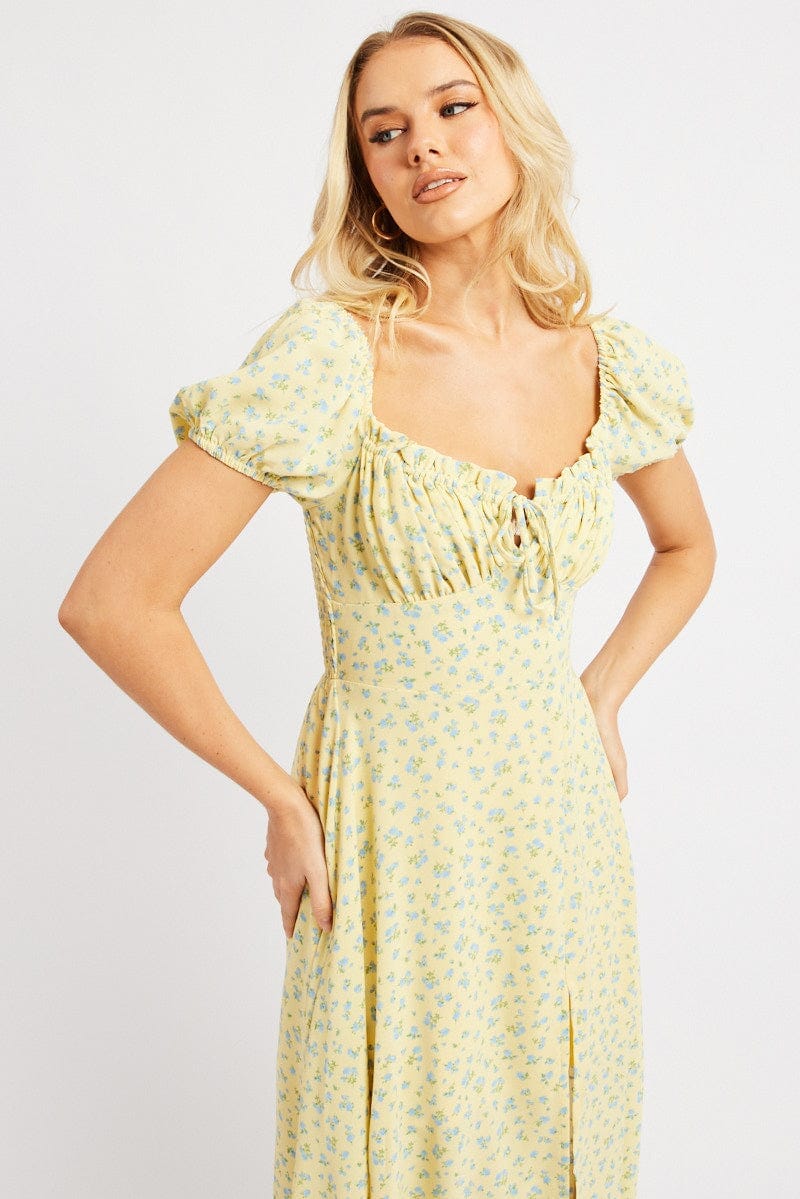 Yellow Ditsy Midi Dress Puff Sleeve - Àlainn Fashion