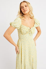 Yellow Ditsy Midi Dress Puff Sleeve - Àlainn Fashion